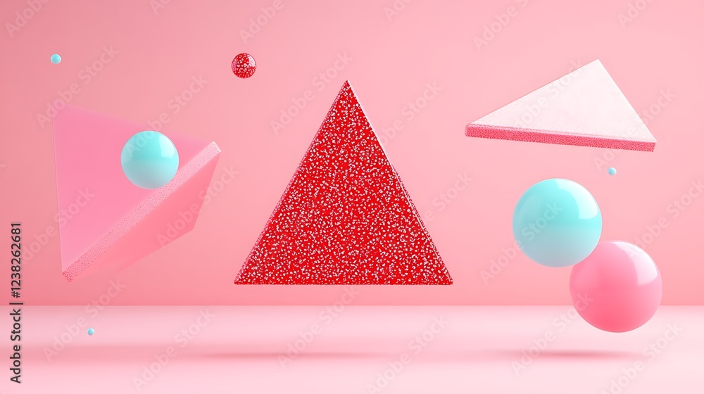 Poster abstract colorful geometric shapes with red triangle and soft pastel background in modern digital ar