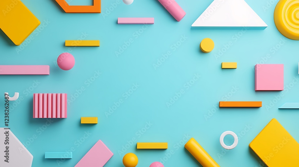 Poster Abstract Colorful Geometric Shapes on Vibrant Blue Background Creating Dynamic Composition for Design Elements