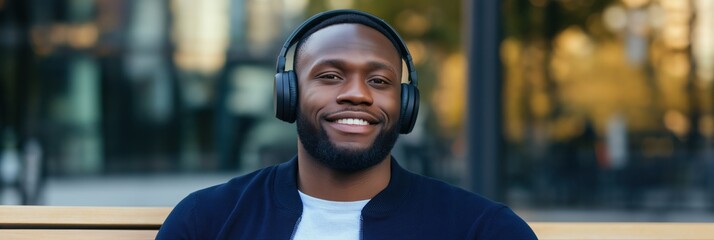 A man wearing headphones and a blue jacket is smiling. He is sitting on a bench. Scene is happy and relaxed