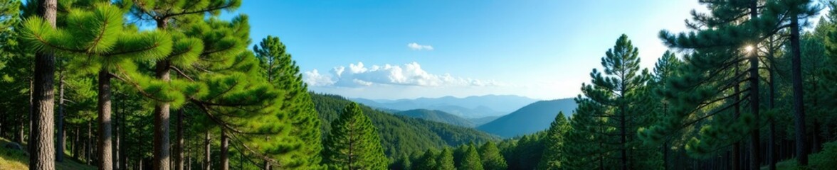 Obraz premium Dense pine forest with towering trees and a clear blue sky above, yogyakarta, nature, pine forest