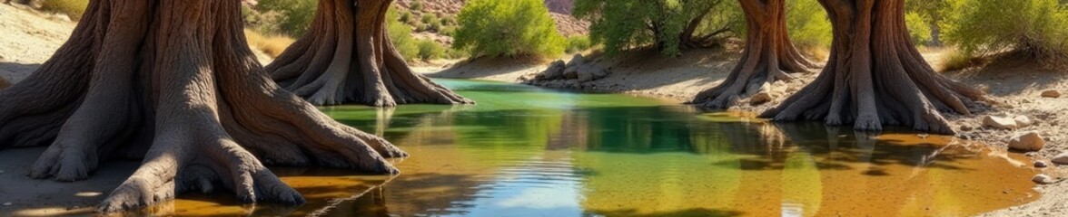 Obraz premium Desert water lapping against the roots of ancient cottonwood trees, tree trunks, natural landscape