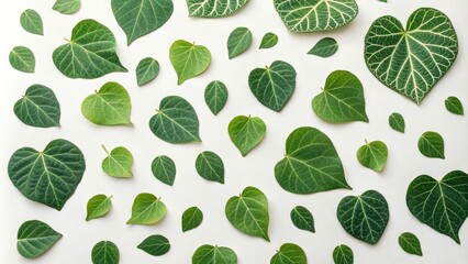 Heart-shaped leaves in various shades of green arranged in a random pattern on a white background, botanical illustration, nature-inspired design, floral patterns, heart shaped greens