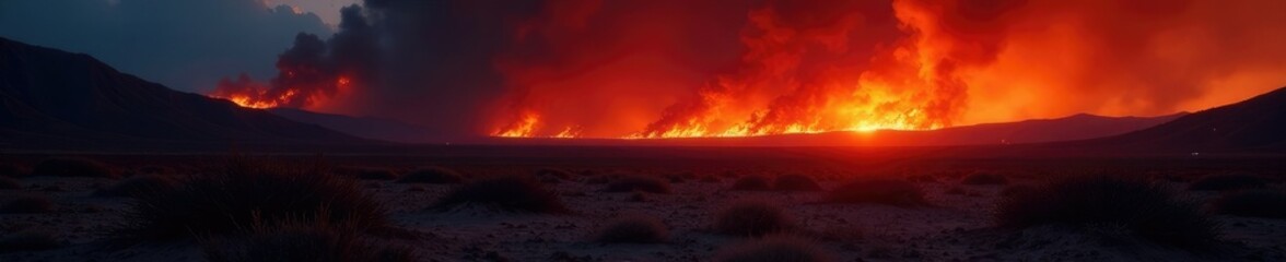 Desolate landscape with wildfire engulfing the horizon at dusk, blaze, flames