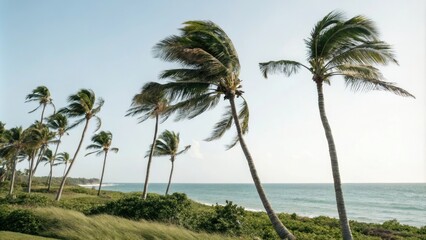 Palm trees swaying gently in ocean breeze, nature, beach, solitude