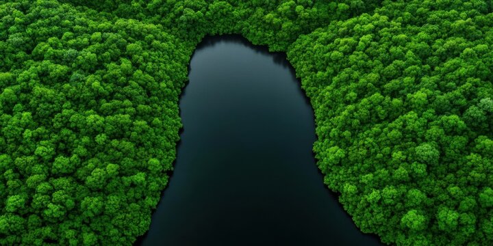 Aerial view of lush mangrove forest surrounding tranquil waterway