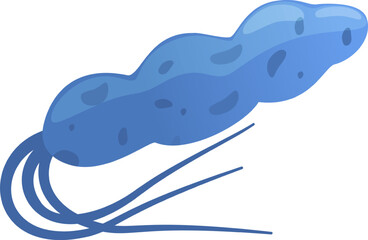 Microscopic representation of a blue prokaryotic microorganism with flagella, swimming and replicating by binary fission, causing infections and diseases
