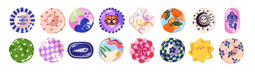 Set of ceramic plates top view. Cute dishes with different shapes and designs of print. Pottery tableware, handmade dinnerware, kitchen utensils. Flat isolated vector illustrations on white background