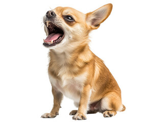 small Chihuahua barking with its mouth wide open, showcasing its tiny size and expressive demeanor. This energetic dog exudes lively spirit and playful attitude