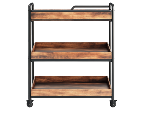 Compact rolling office cart with wooden storage shelves, ideal for organizing workspace essentials. Its sleek design and mobility enhance productivity and style