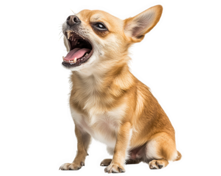 small Chihuahua barking with its mouth wide open, showcasing its tiny size and expressive demeanor. This energetic dog exudes lively spirit and playful attitude