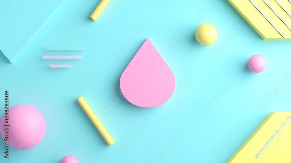 Poster abstract design with pink drop shape and colorful geometric forms on a vibrant blue background