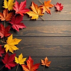 Obraz premium Dry leaves with autumn colors scattered on a wooden table, fall, table, colors