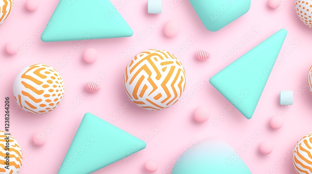 Poster abstract geometric shapes and patterns in bright pastel colors on a soft pink background for creativ