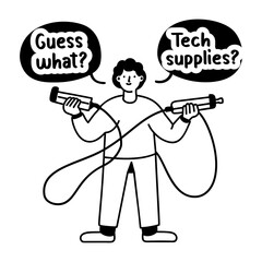 A glyph sticker of a man holding some wires with guess what typography 