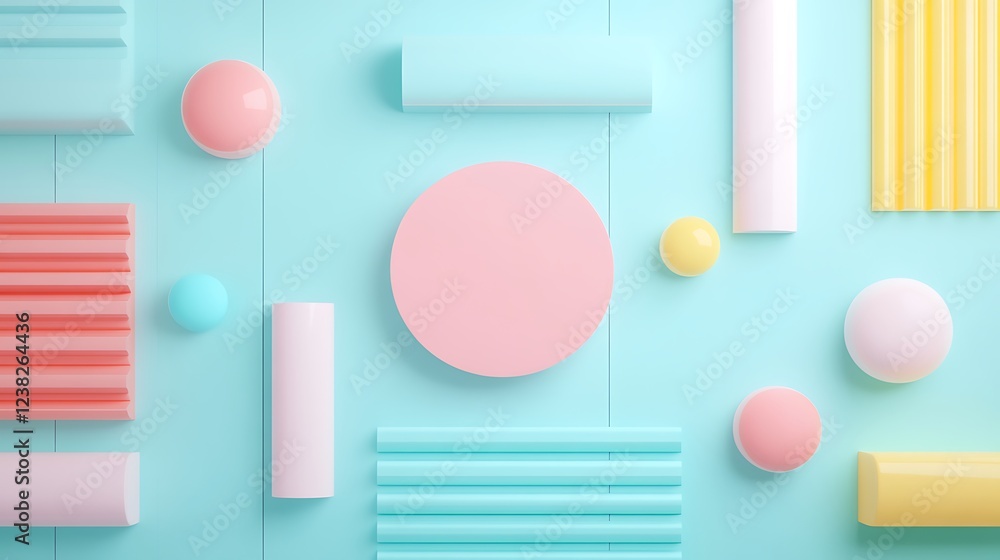 Poster abstract geometric shapes in pastel colors on a light blue background creating a modern artistic com
