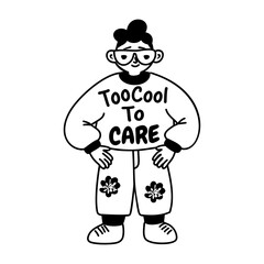 A glyph sticker of a careless character wearing sunglasses with sarcastic typography 