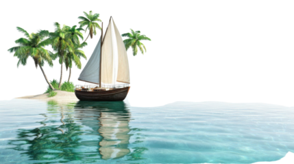 Sailboat moored near tropical island with palm trees on transparent background