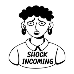 A glyph sticker of a sad character with shock incoming typography 