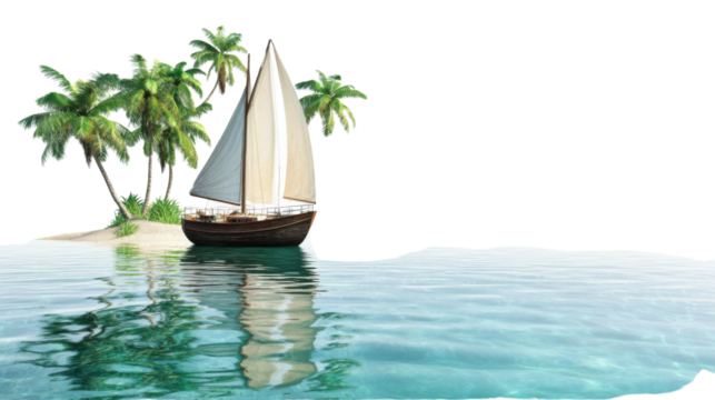 Sailboat moored near tropical island with palm trees on transparent background