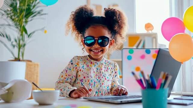A joyful girl with curly hair is engaging in creative activities at a vibrant indoor workspace
