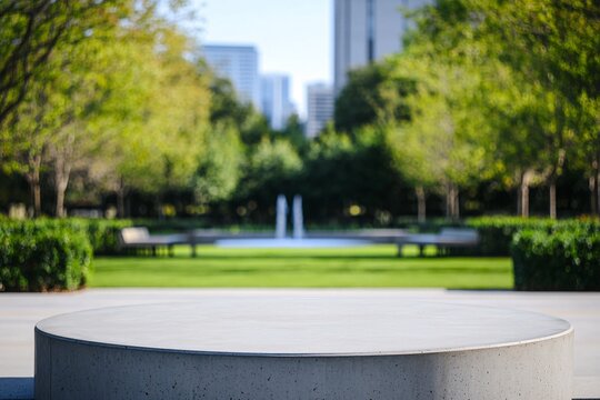 Urban Park Platform Scene: Circular Stage Overlooking Greenery and Cityscape Photography

