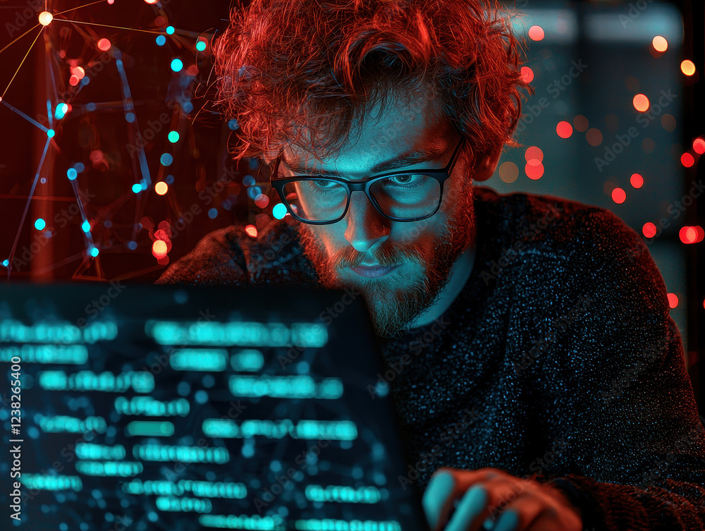 Poster focused ai specialist engaged in coding within a modern tech workspace at night