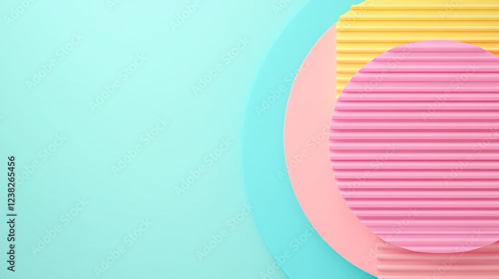 Poster abstract pastel circular shapes with textured surfaces arranged on a soft blue background for modern