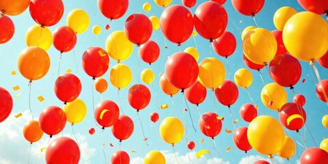 Red and yellow balloons dance in the air with carefree abandon, whimsical movement, joyful celebration, happy tone