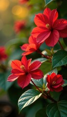 Red begonias sway gently in the autumn breeze, leaves, texture