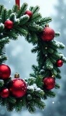 Evergreen wreath with red baubles and snowflakes, frosty, snowy scene, wintry