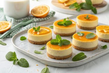 Individual mini orange cheesecakes arranged on a platter with fresh mint leaves scattered around them, food, dessert, bite size