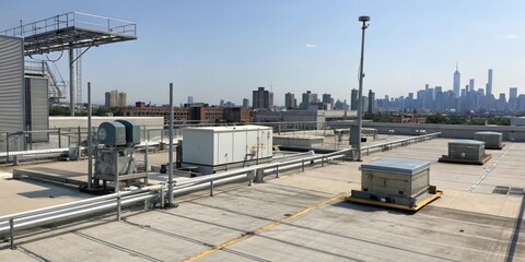 Fototapeta premium Industrial rooftop with metallic structures and urban infrastructure, metal structure, urban jungle, industrial equipment, rooftop view