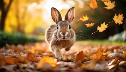 Fototapeta premium A lively rabbit hops through a colorful carpet of fallen leaves under bright sunlight.