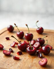 Ripe red cherry halves scattered on a wooden cutting board , wood, cutting board, cherries