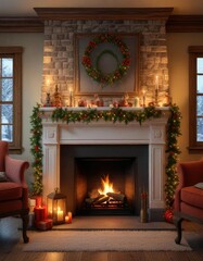 Inside a Christmas house with a large fireplace and decorated mantel, plush carpets, mistletoe, warm lighting
