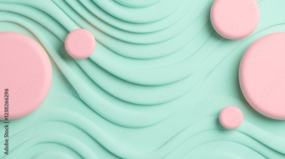 Poster abstract wave patterns with soft pink shapes on light mint background in modern geometric design