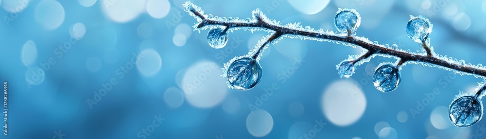 Wall mural Closeup of sparkling water droplets clinging to a branch after the rain, macro photography perspective