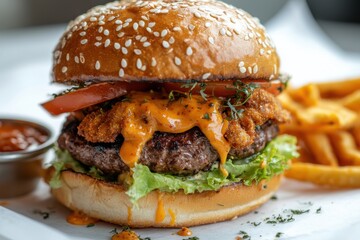A delicious gourmet burger with cheese, lettuce, tomato, and crispy chicken on a sesame seed bun, served with fries.