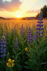 Field of tall grasses sways in the breeze as sun rises over the lupine flowers, field, greenery