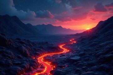 Fototapeta premium Fiery lava flows through a volcanic landscape under starry skies, open, night, molten