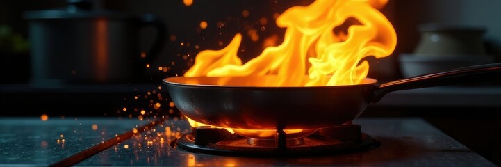 Flames engulfing a metal frying pan on stovetop surface, danger, sparks