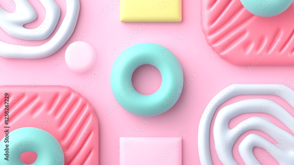 Poster bright colorful abstract patterns with geometric shapes on soft pink background for creative use