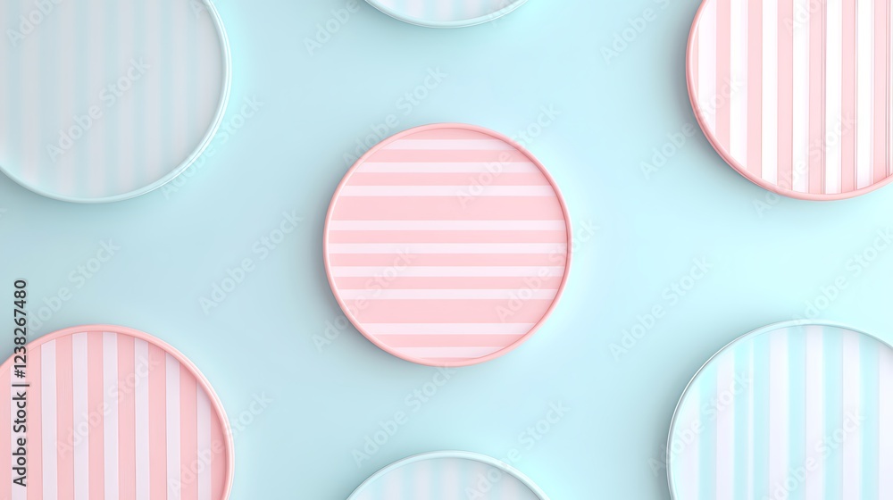 Poster circular pastel patterns on soft background featuring stripes and solid colors for modern design pro