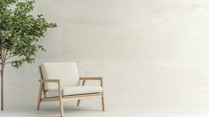 Minimalist interior armchair, plant, wall.  Lifestyle design