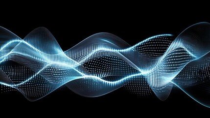 Abstract blue glowing wave particles on black background.
