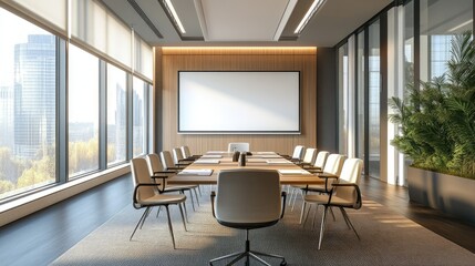 Fototapeta premium A professional meeting room with a mounted whiteboard, large windows, and a neutral color palette.