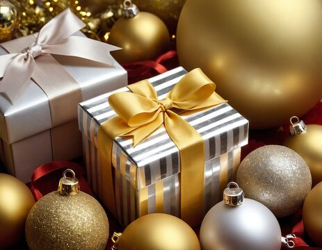 Elegantly wrapped gifts in gold and silver surrounded by sparkling ornaments.