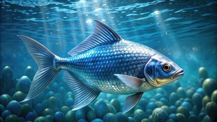 Naklejka premium Shimmering blue and silver scales on a fish swimming in clear waters, tropical waters, blue scales, fish