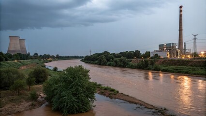 Obraz premium Landscape of a brown river with a power plant on one side and a darkening grey sky on the other, grey sky, landscape photography