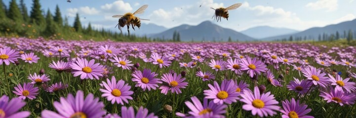 Obraz premium Large bee flying over a field of tall purple daisies, insect life, flower